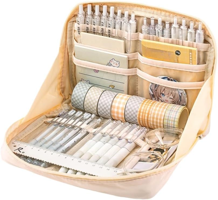 Limcryspp 1 Piece Large Capacity Pencil Case, Large Pencil Case, College Pencil Case, School Pencil Case, Pencil Case with Lattice (White) - Pink image number 3