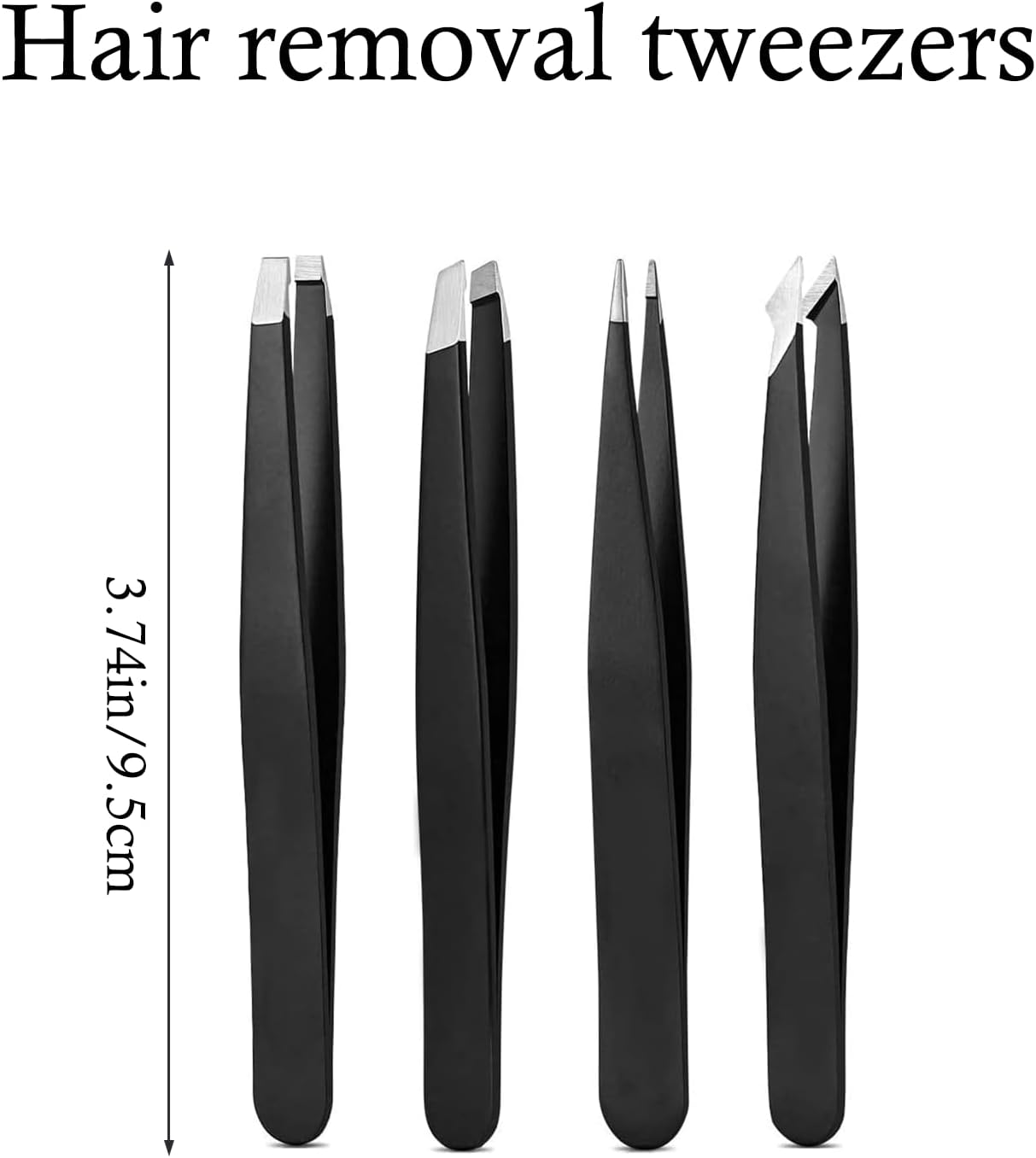 Tweezers Set, High Precision Stainless Steel Eyebrow Tweezers for Facial Hair, Inward Growing Hair and Splinter Remover Kit, Suitable for Women and Men, 4-Piece Set (Black)