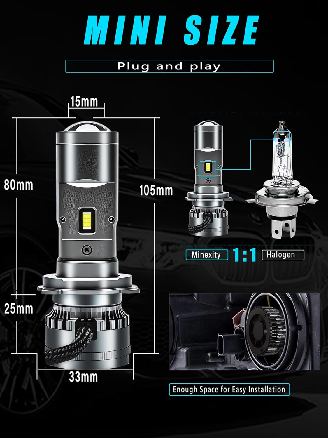 H4 9003 HB2 LED Headlight Bulbs with Projector, 600% Brightness 28000LM 6500K Xenon White Conversion Kit Plug and Play High/Low Beam Fog Light Bulb, Pack of 2 image number 6