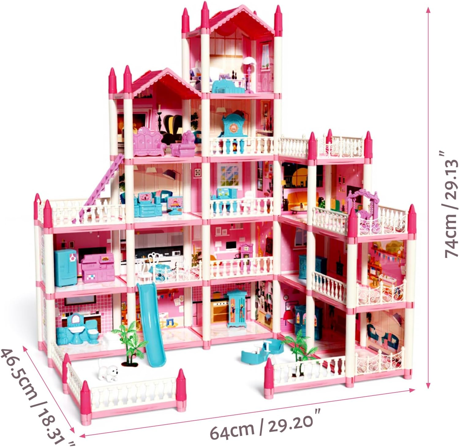Doll Houses for Girls, Dream Dollhouse Pretend-Play DIY Playhouse Kit Toy - 5-Story 16 Rooms Dollhouse with 4 Dolls & Furniture & Flashing Lights Princess Building Doll House for Ages 3 4 5 6 7 8 image number 6