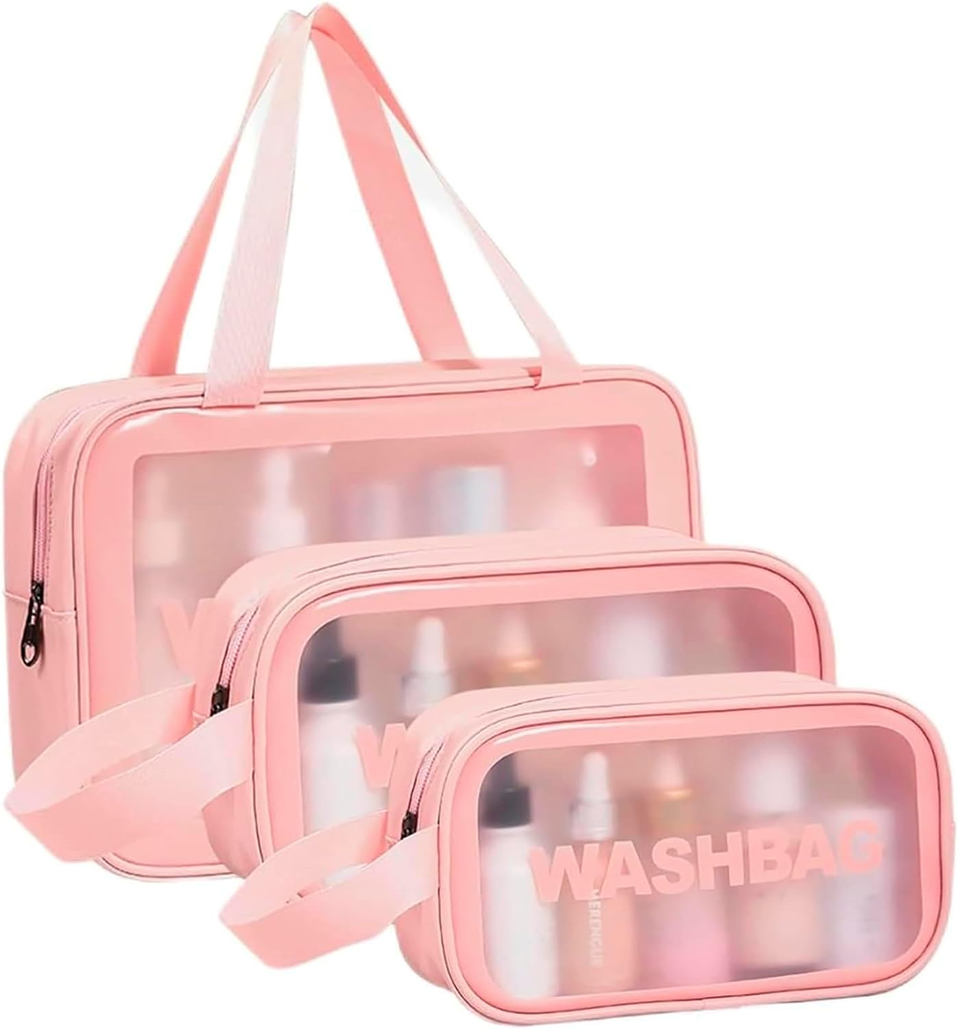 MUYIBENMU Travel Toiletry Bag for Women Men，Translucent Waterproof Travel Makeup Cosmetic Pouch Traveling Organizer for Toiletries, Cosmetic, Accessories，3 Cosmetic Bags, Quart Size (Pink) image number 1