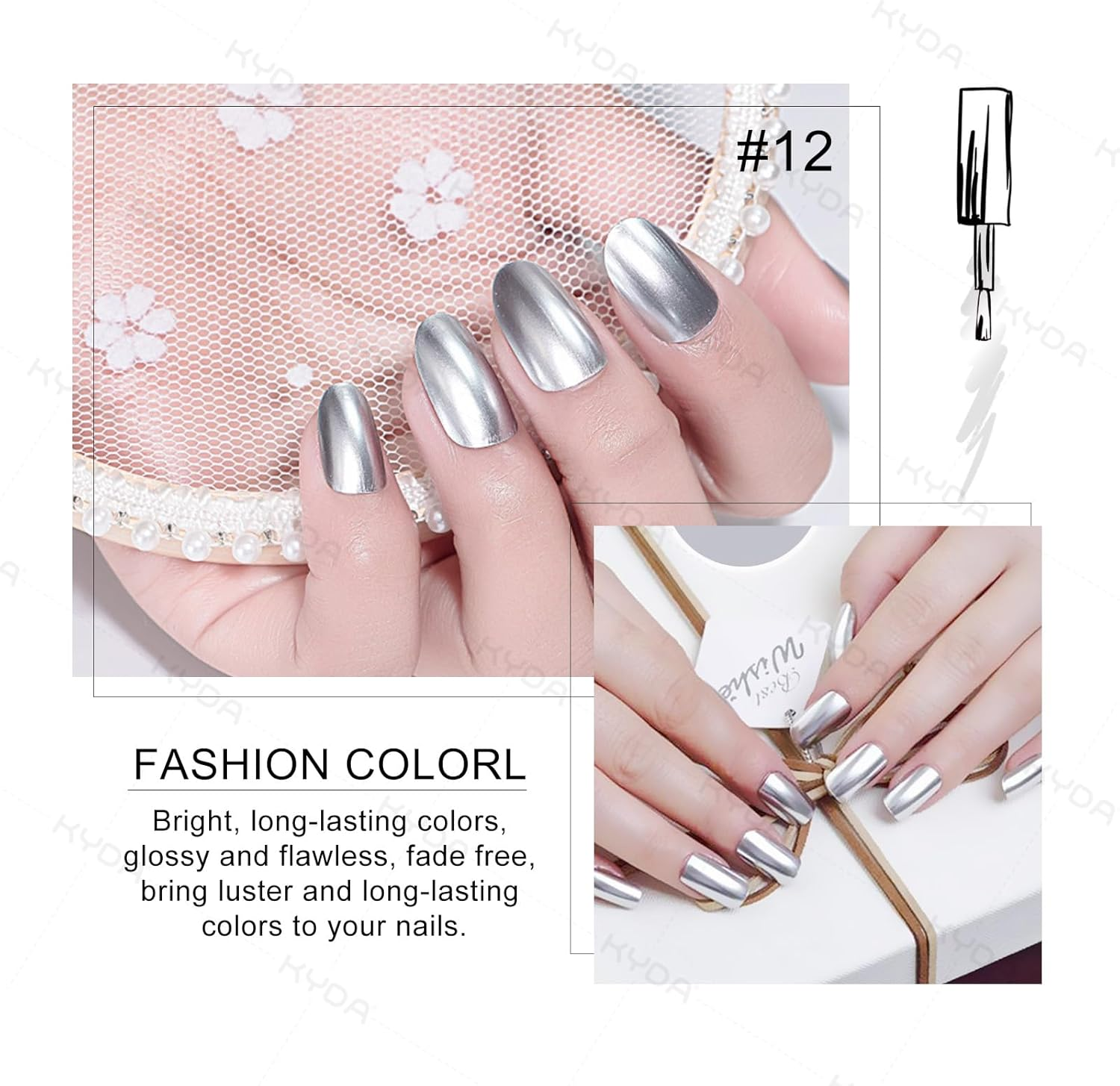 KYDA 18Ml Gold Mirror Nail Polish, Bright Glossy Mirror Polish for Nails Art, Longlasting Shine Metallic Effect Nails Art, Gorgeous Reflective Manicure Nail Lacquers-Silver, 0.61 Fl Oz - A-Gold image number 7