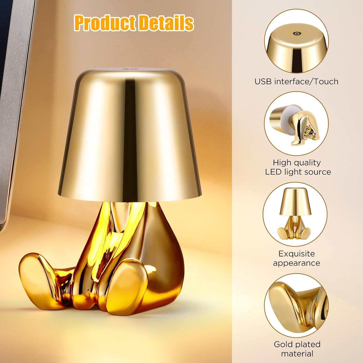Blingbin Bedside Touch Control Table Lamp, Creative Golden Man Decorative Thinker Statue LED Desk Lamp, USB Charging 3 Level Brightness Dimmable Night Light for Bedroom Office Living Room Decor Gift - F image number 3