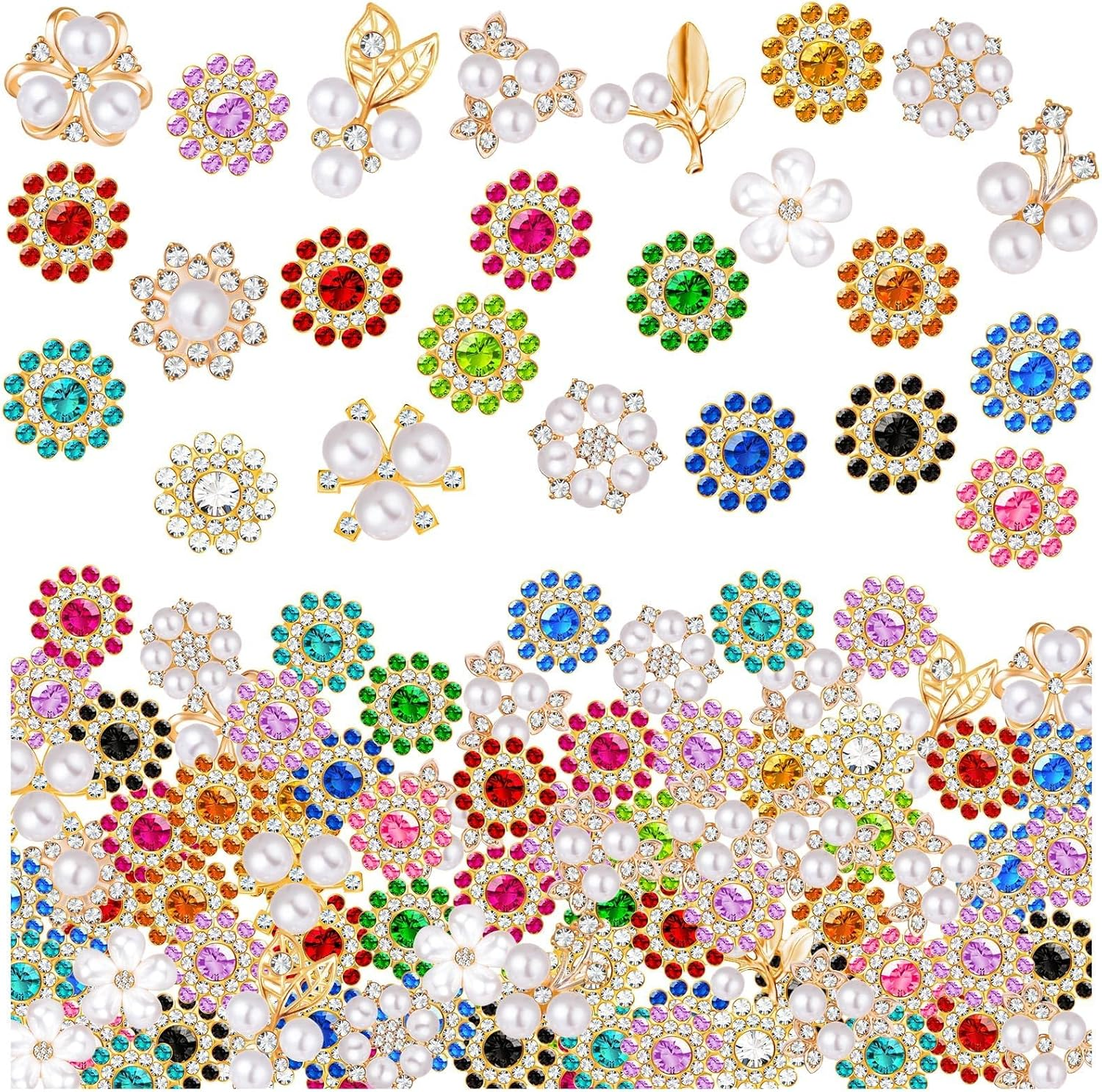 360 Pcs Flower Rhinestones Buttons Sets DIY Flat Back Flower Shaped Rhinestones Buttons, Faux Pearl Embellishments Buttons Crystal Glass Beads for Jewelry Making Wedding Home Decoration image number 4