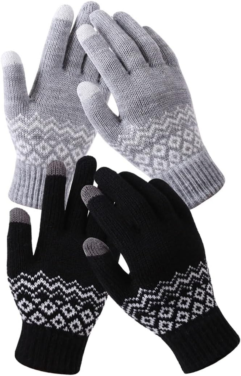2 Pairs Winter Gloves with Touchscreen Fingers, Thermal Warm Knit Soft Fleece Lined Glove Women Men Elastic Cuff Glove for Running Driving Hiking