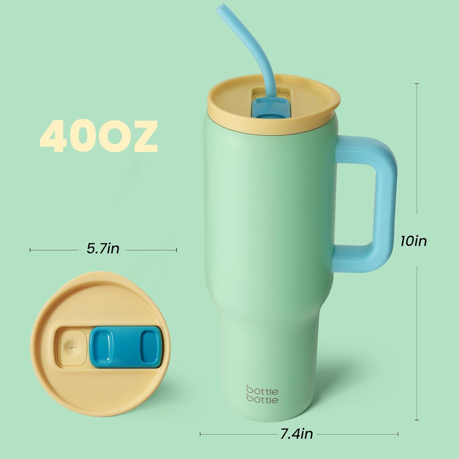 Bottle Bottle 40 Oz Drink Bottle Tumbler with Handle and Straw, Stainless Steel Vacuum Travel Mug, Car Cup with Straw, Stainless Steel Vacuum Water Bottle for Gifts Party Office Coffee (Mintgreen) image number 3