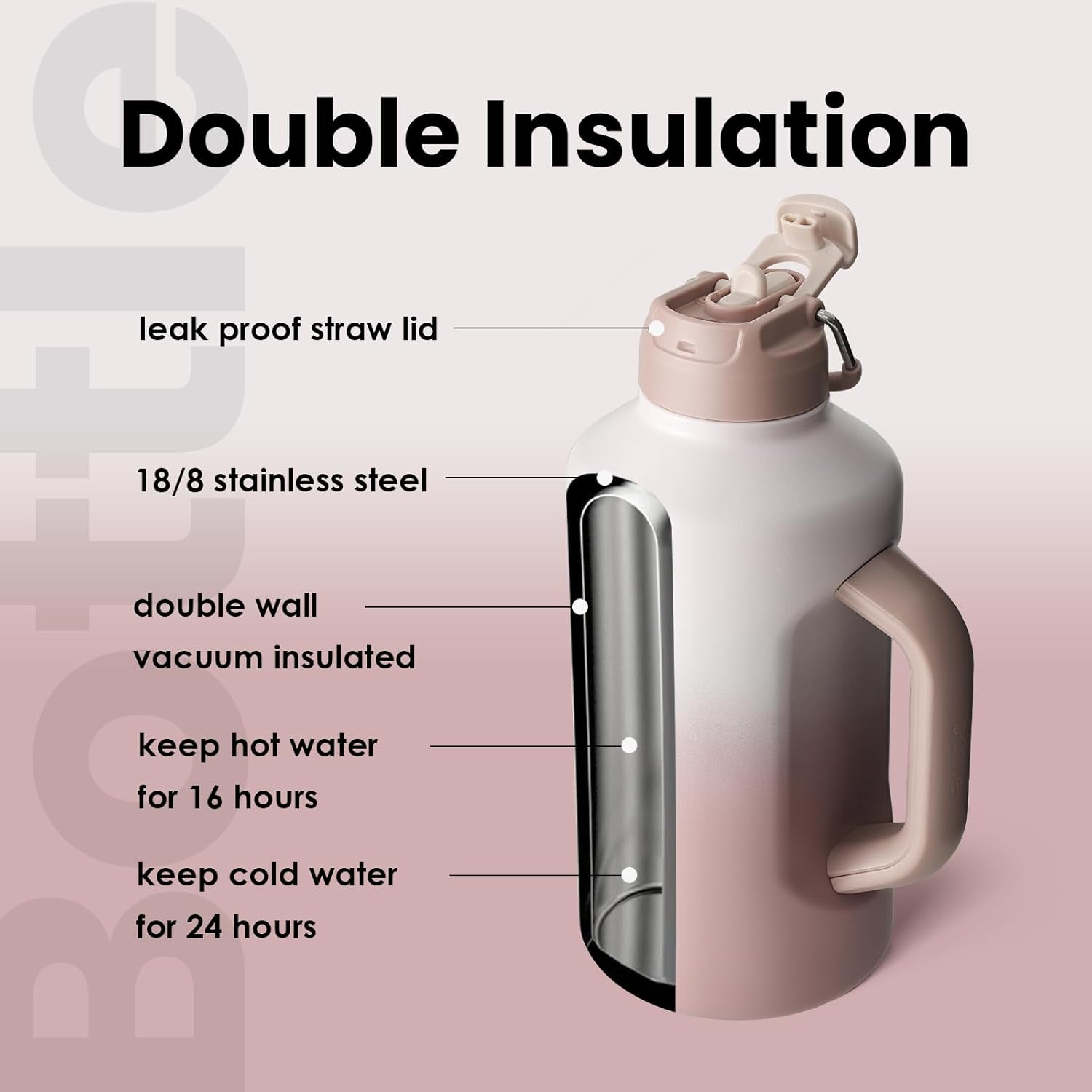 Bottle Bottle Insulated Water Bottle 64 Oz with Straw and Dual-Use Lid Stainless Steel Water Bottle with Handle Vacuum Stainless Steel Jug for Workout and Sports Pink Gradient image number 1
