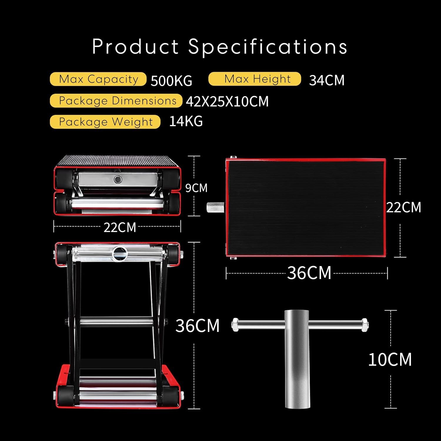 APEXORIGIN Motorcycle Lift, 500Kg Motorcycle Jack with Wide Deck & Safety Pin, 9-34Cm Center Hoist Crank Stand, Motorcycle Stand for Street Bikes, Cruiser Bikes, Touring Motorcycles (Red) image number 1