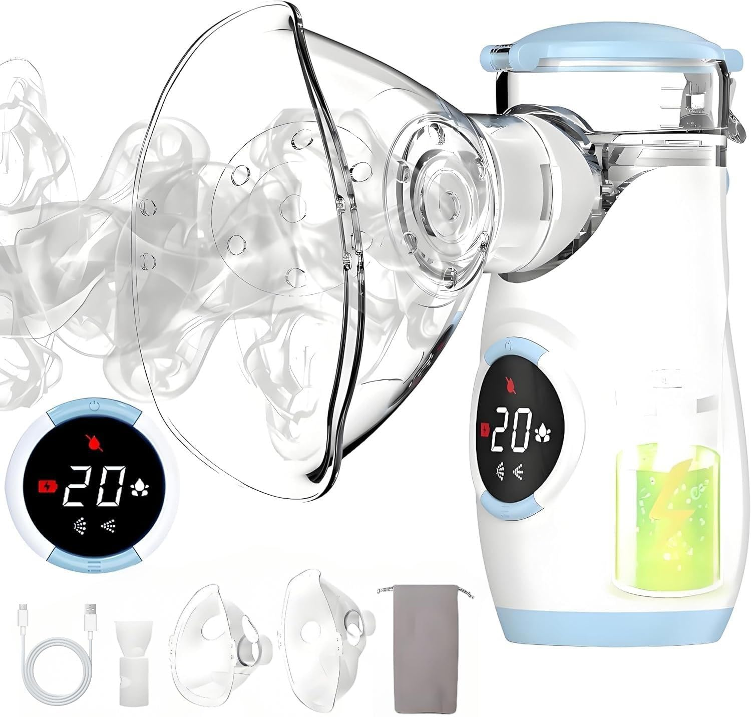 Rechargeable Portable Nebulizer, Intuitive LED Interface and Auto-Cleaning, Handheld Nebulizer with 2 Mask for Adults Kids, Travel Home Use image number 5