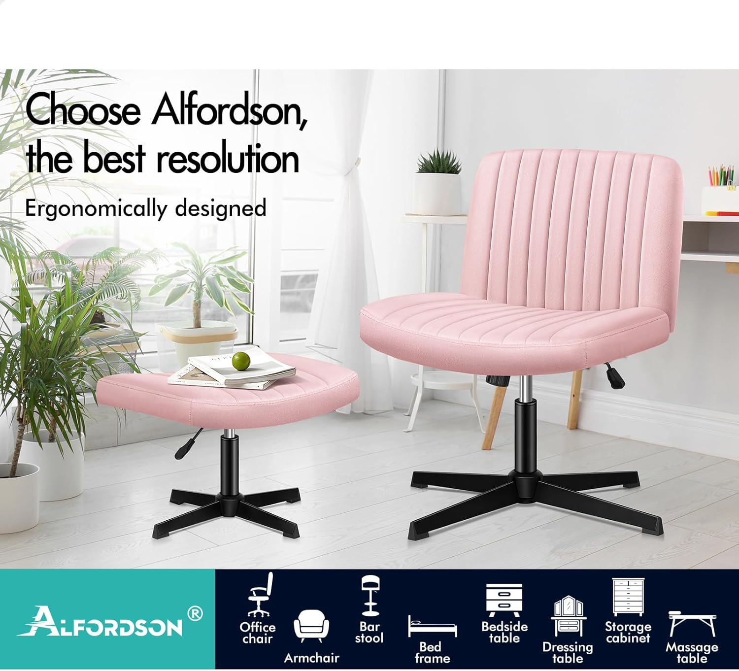 ALFORDSON Criss-Cross Desk Chair with Cross Leg Ottoman Stool, Xavi Series, Velvet Upholstery, Ergonomic Armless Office Chair with Channel-Tufted Mid-Back Design, 180Kg Capacity, Pink image number 4