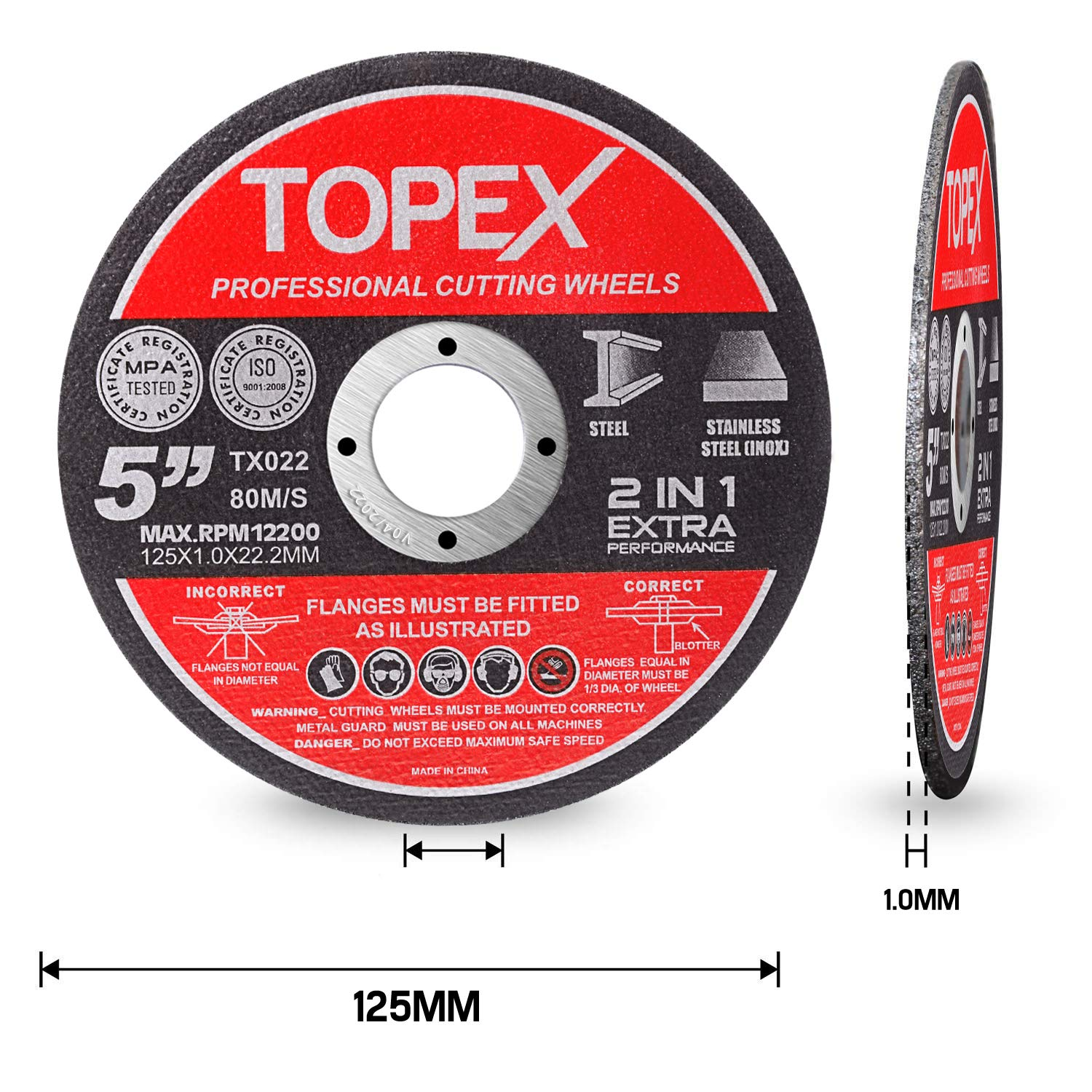 TOPEX 50-Piece 125Mm 5" Professional Cutting Wheels Discs 2 in 1 Steel INOX Ultra Thin