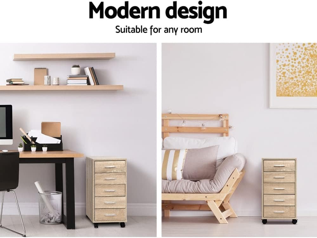 Artiss 5 Drawers Filing Cabinet, Chest of Drawer Desk File Storage Cabinets Wood Slim Locker Home Office Bedroom Furniture, with Metal Suspension Rails Anti-Scratch Beige image number 3