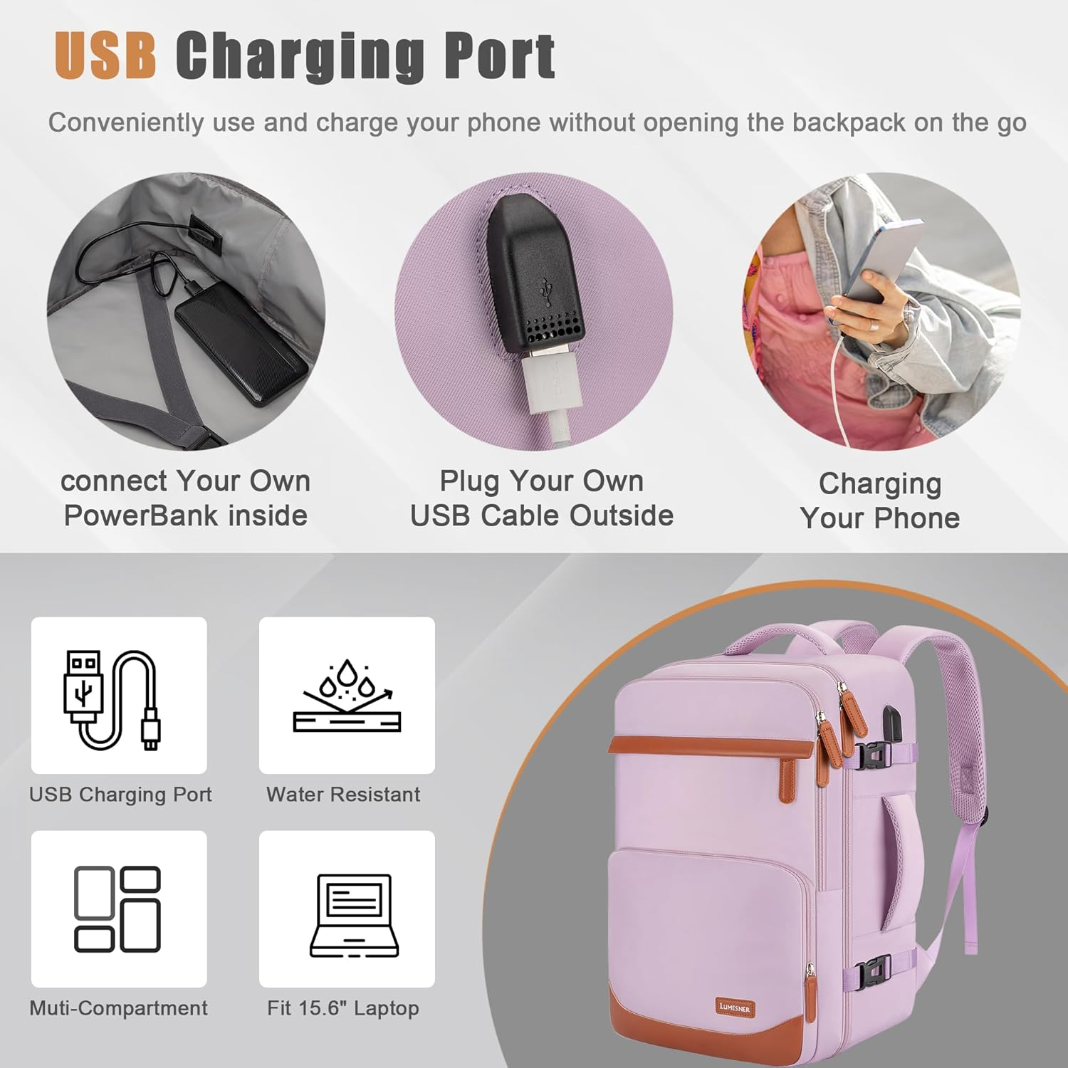 Velaybor Travel Backpack with USB Charging Port|Waterproof Carry-On Bag|Business Laptop Backpack for Men & Women image number 3