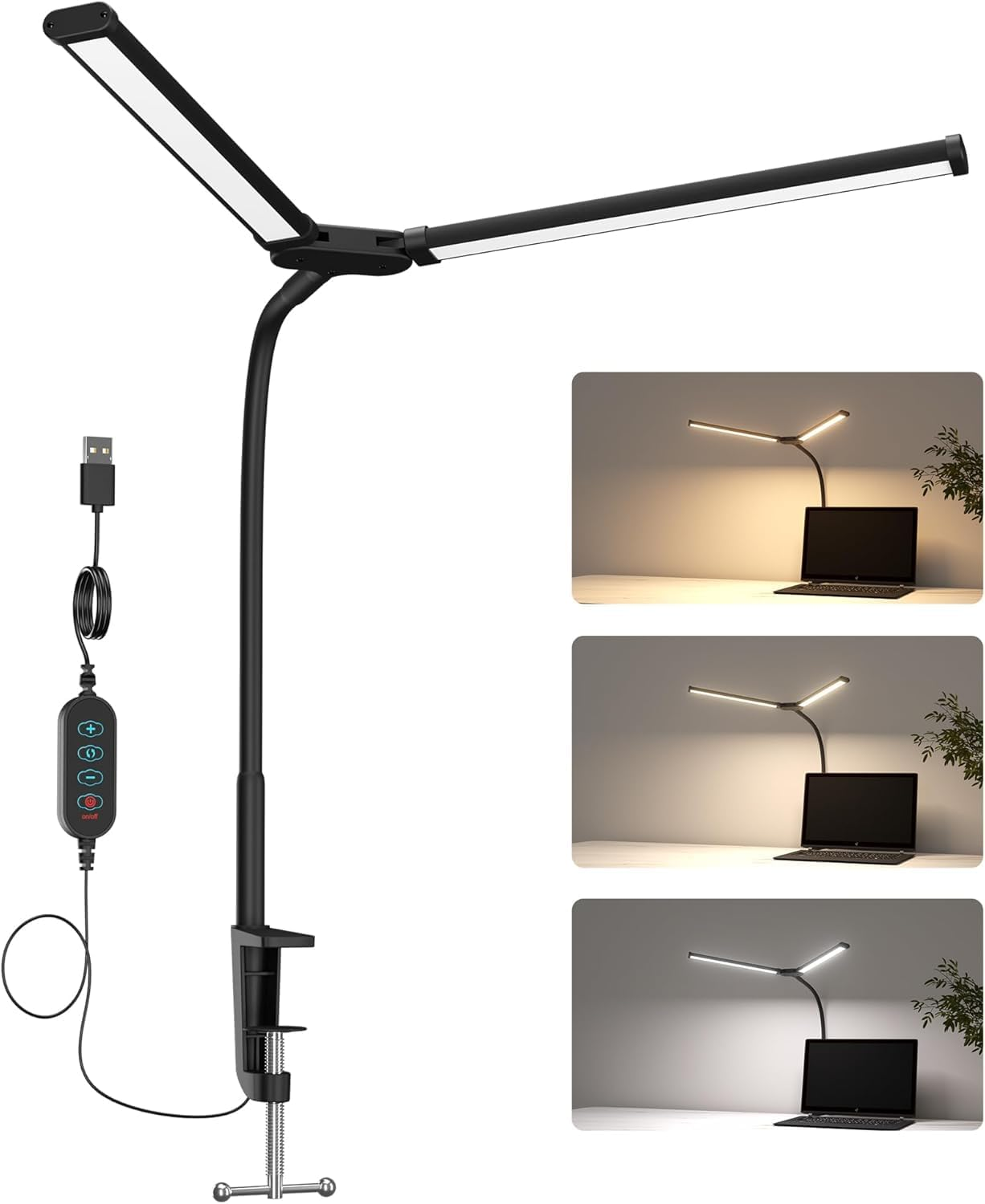 Adjustable LED Desk Lamp with USB Port &ndash; 12W Dual-Head Clamp Lamp, 3 Color Modes & 10 Brightness Levels &ndash; Eye-Caring Light for Office, Reading, Studying, Drafting, Sewing, Dorm Room