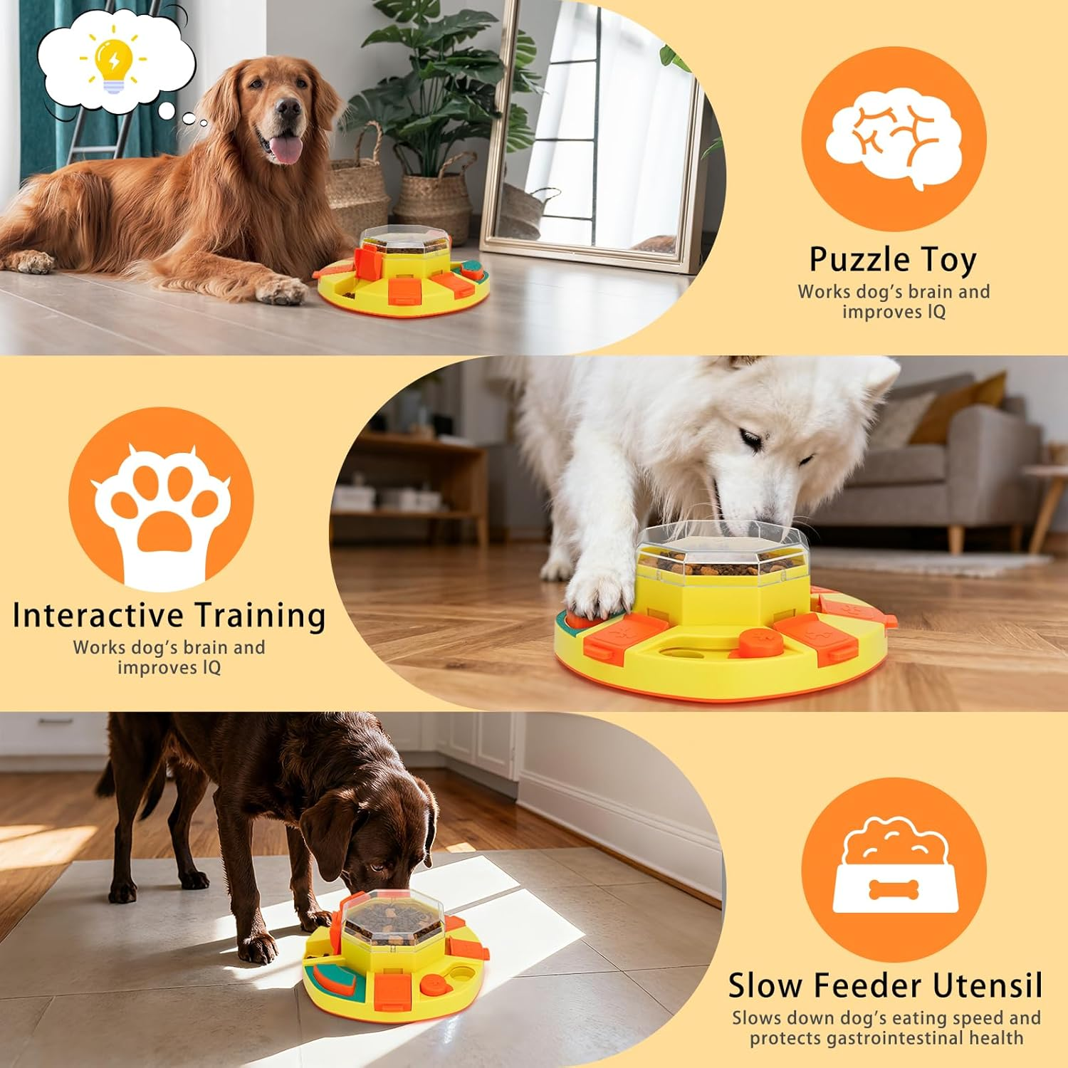 Dog Enrichment Toys 2 Levels Dog Slow Feeder Bowl with 2 Puppy Teething Chew Toys Nail File Toy for Mental Stimulation and Training Interactive Puzzle Toy for Smart Dogs (Yellow) image number 1