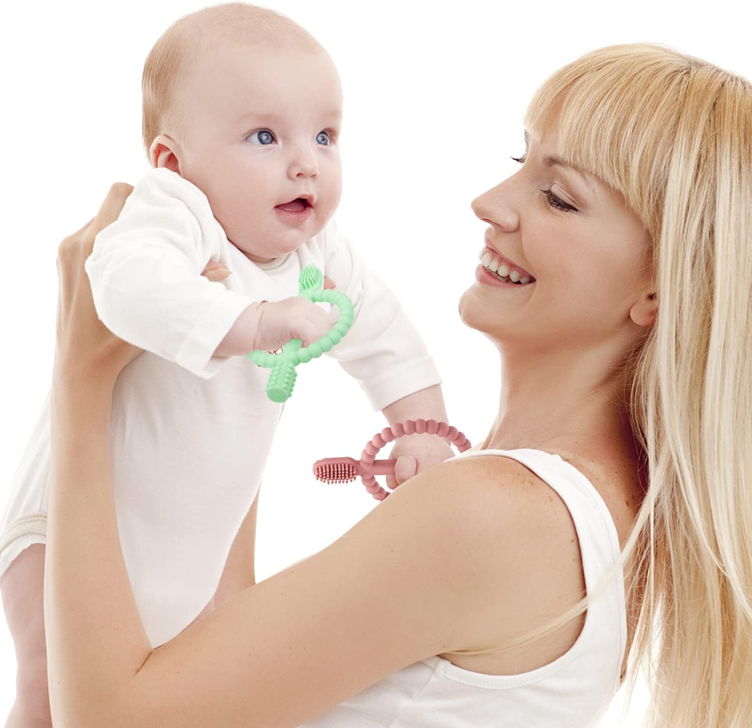 Baby Teething Toys with Easy-Hold Handle, Silicone Infant Toothbrush, Textured on Both Sides Helps Massage, Soothe Sore Gums, Teething Toys for Babies Girl and Boy - Bright Green  Caramel image number 6