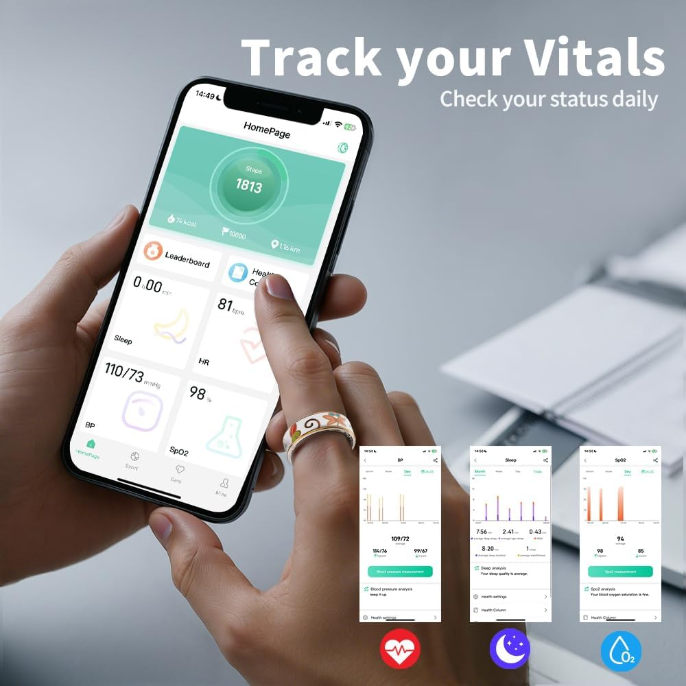 Smart Ring for Men & Women Activity Tracker 5-7 Days Battery Life Crystal Charging Case Multi-Sports Mode IP68 Waterproof Andriod and Ios(12)