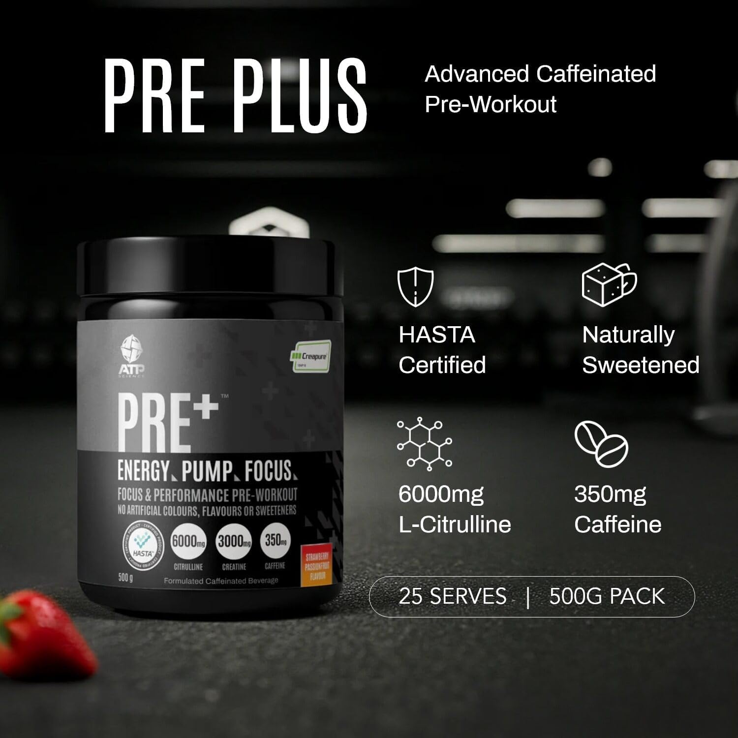 ATP Science Pre plus Preworkout Powder, Infused with Creapure Creatine Monohydrate, Caffeine Anhydrous, L-Citrulline Malate, No Artificial Colours and Flavours, Flavour - Strawberry Passionfruit, 500G