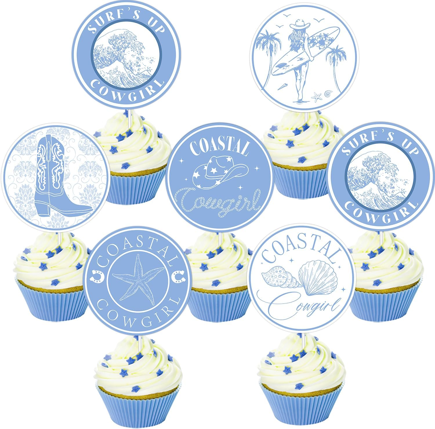 36Pcs Coastal Cowgirl Bachelorette Cupcake Toppers Nautical Bridal Shower Decorations Blue Boots Hats Shells Palm Cake Decorations for Cowgirl Bachelorette Engagement Bridal Shower Party Supplies