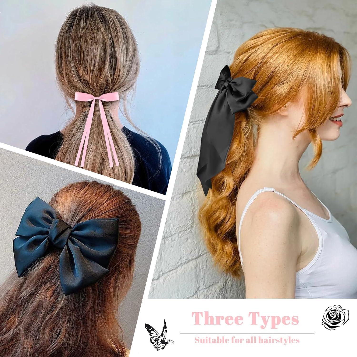 12Pcs Big Bow Barrettes with Long Silky Satin Tail, Large Hair Bow Clips for Women, Girls, Adult Teens - Hair Accessories image number 4