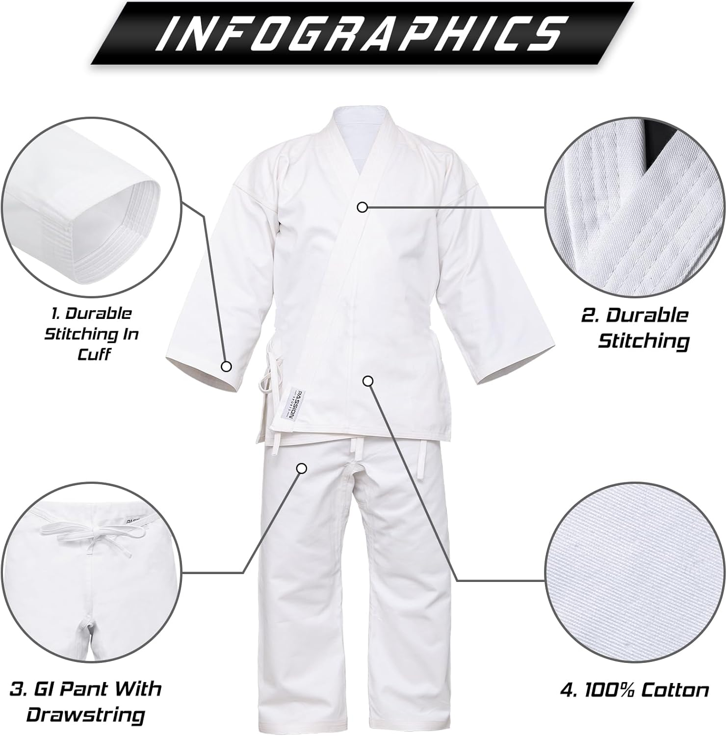 Passion Sports Supreme Karate Gi Uniform Heavy Weight 16 Oz - 100% Cotton Canvas &ndash; Heavy-Duty Karate Suit Ideal for Martial Arts Professionals