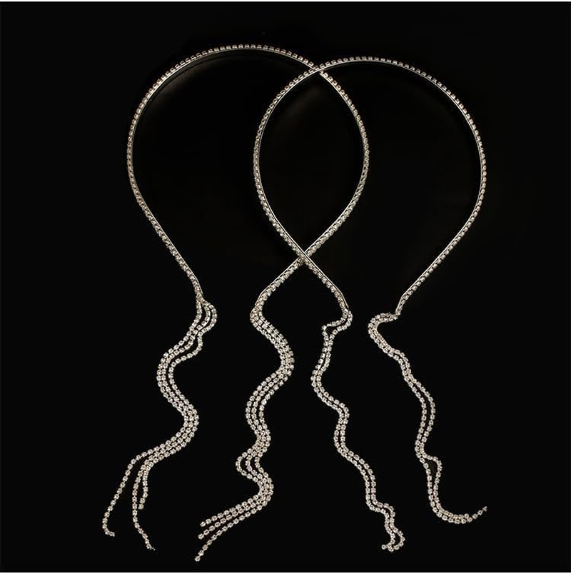Fdsmall Rhinestone Wedding Headbands, Crystal Tassel Headband, Sparkling Hair Chain, Hair Hoop, Fake Earrings, Bling Hair Bands, Rhinestone Headpiece, Hair Accessories for Wedding, Bride, Girls (02) image number 5