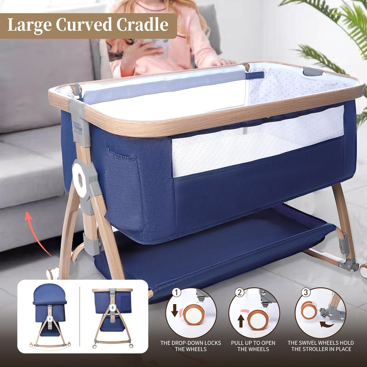 3 in 1 Baby Bassinet, Bedside Sleeper for Baby, Bedside Crib with Wheels & Storage Basket & Mosquito Net, Height Adjustable Baby Bed, Portable Bassinet for Newborn/Infant image number 2