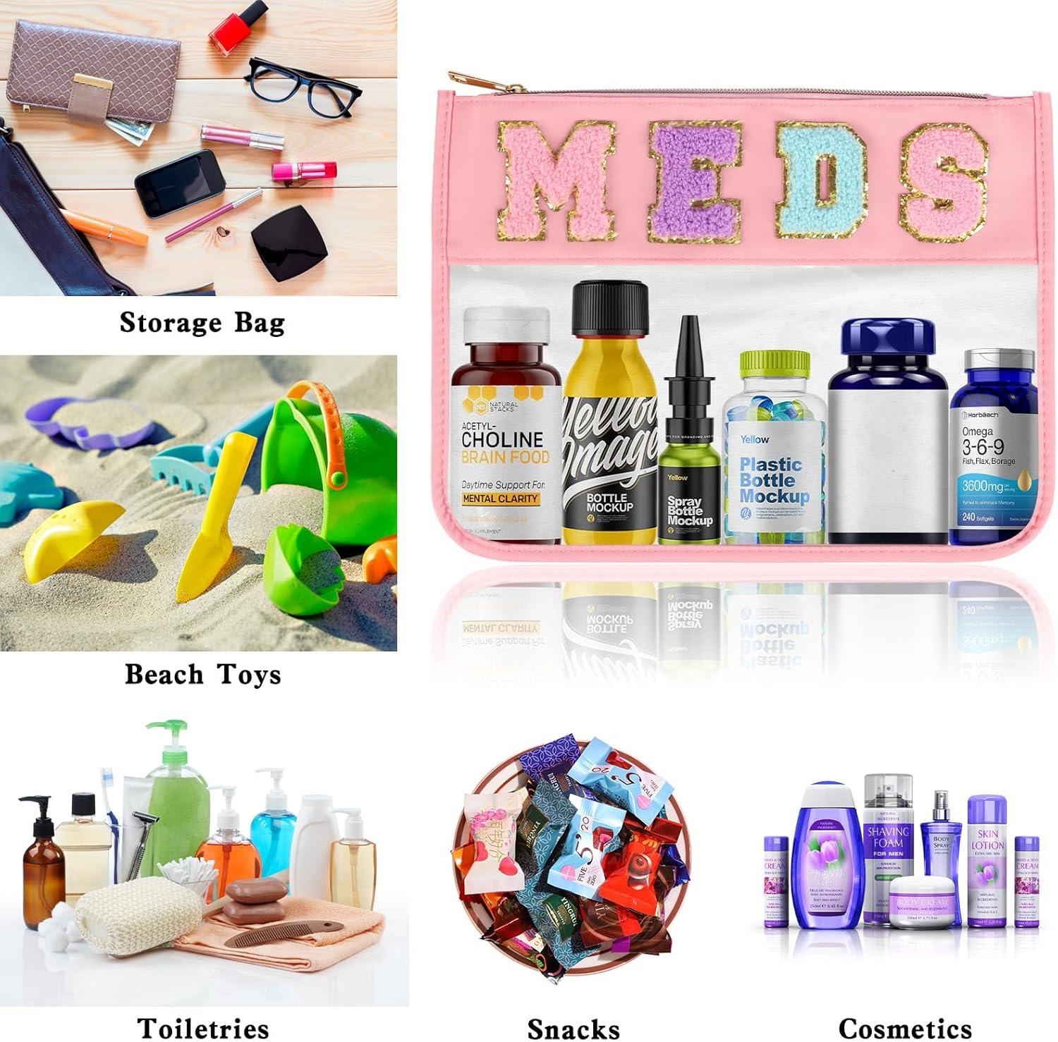 Chenille Letter Clear Zipper Flat Transparent Waterproof Cosmetic Bag Travel Makeup Bag with Zipper Toiletry Bag with Preppy Patch for Women and Kids, Medicines, Cosmetic Bag/Makeup Bag image number 6