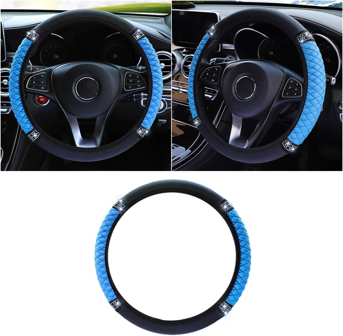 Bling Soft Leather Steering Wheel Cover, 15 Inch Colorful Rhinestones Auto Elastic Protector with Crystal Diamond for Women Girls, Car Accessories for Most Cars, Suvs (Blue) image number 5