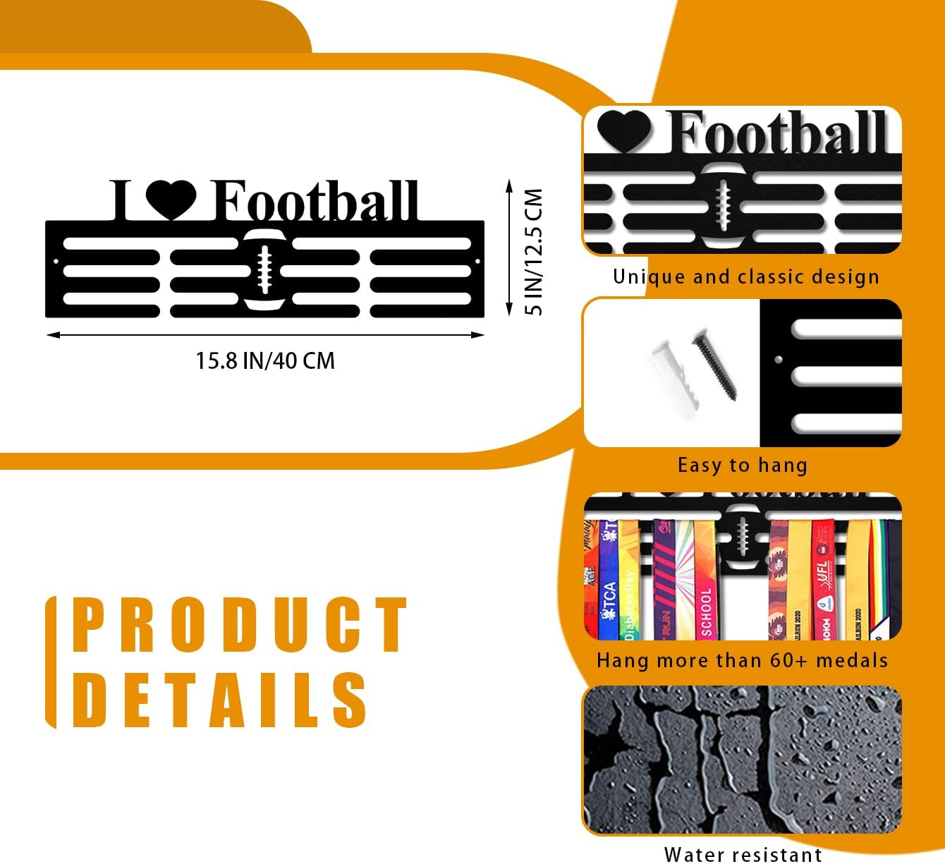 Resama Medal Hanger Holder Display Wall Rack Frame Shelf-Medal Hanger Awards Ribbon Soccer,Gymnastics,Holder Display Rack for 60 Medals - Basketball image number 4