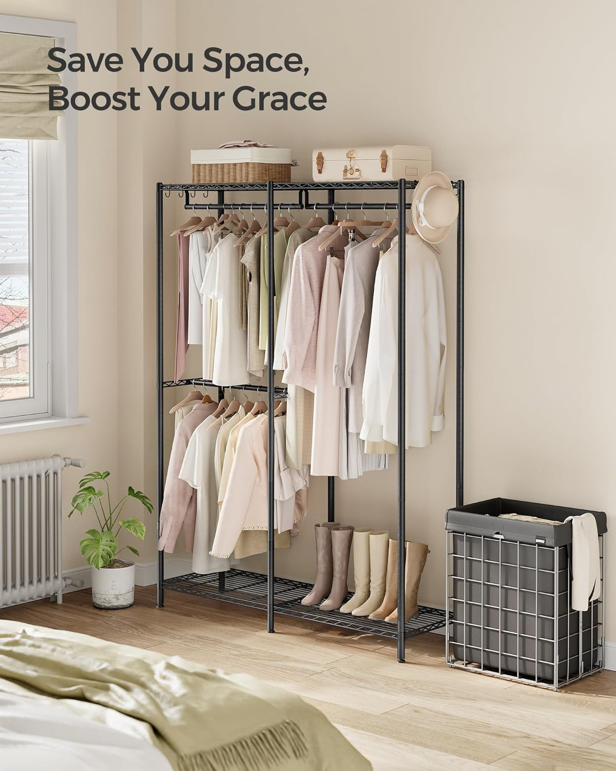 SONGMICS Clothes Rack, Freestanding Wardrobe Closet, Metal Clothing Racks, Heavy-Duty Garment Rack with Adjustable Wire Shelves, Hanging Rods, Hooks, Dividable, Ink Black ULGR423B01 image number 3