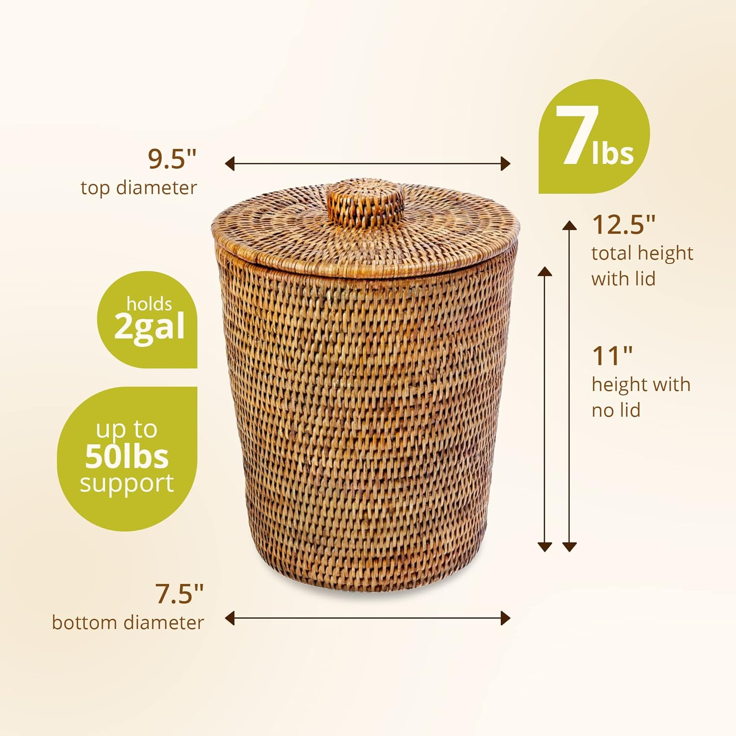 KOUBOO La Jolla Rattan round Waste Basket with Lid & Plastic Insert, 2 Gallon Woven Wastebasket for Bathroom, Kitchen, Office, Living Room, & Home Decor, Honey Brown image number 2