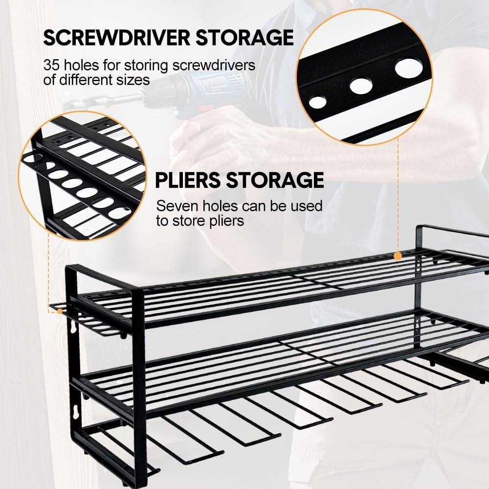 ALPEN OUTDOOR Power Tool Organizer Wall Mount 7 Drill Holder 3 Layer Heavy Duty Metal for Drill Plier Hammer Rack Suitable for Workshop Garage image number 6