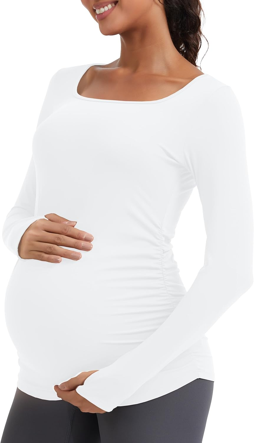 Mathcat Women'S Maternity Shirts, Long Sleeve Squar Neck Side Ruched Pregnancy Workout Tops with Thumbholes Altheltic Tee image number 5