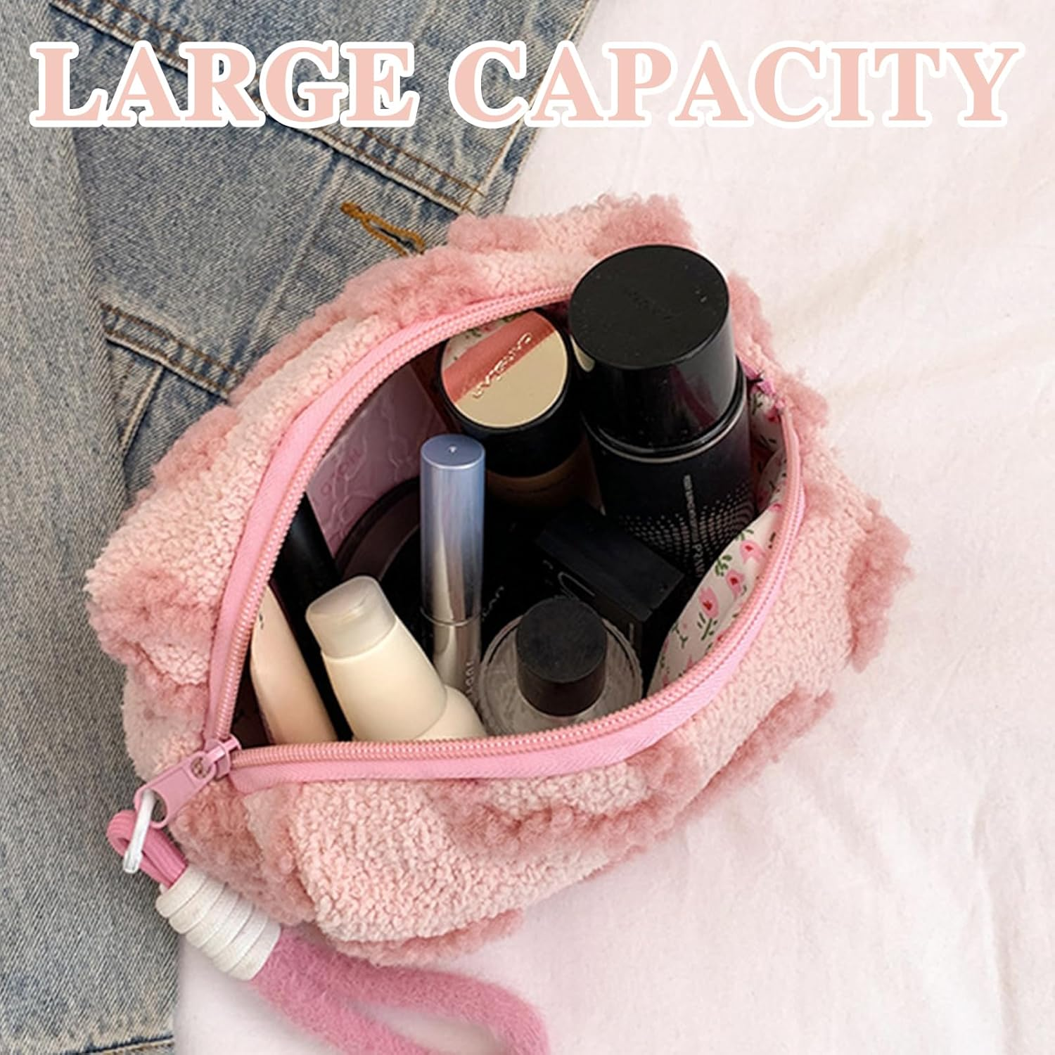 KASESSS Plush Makeup Bag, Heart Motif Make up Bag, Toiletry Bags, Large Cosmetic Bags with Handle, Portable Travel Puffy Flat Organizer with Zipper for Women Home Travel Office Cosmetic Storage, Pink image number 2