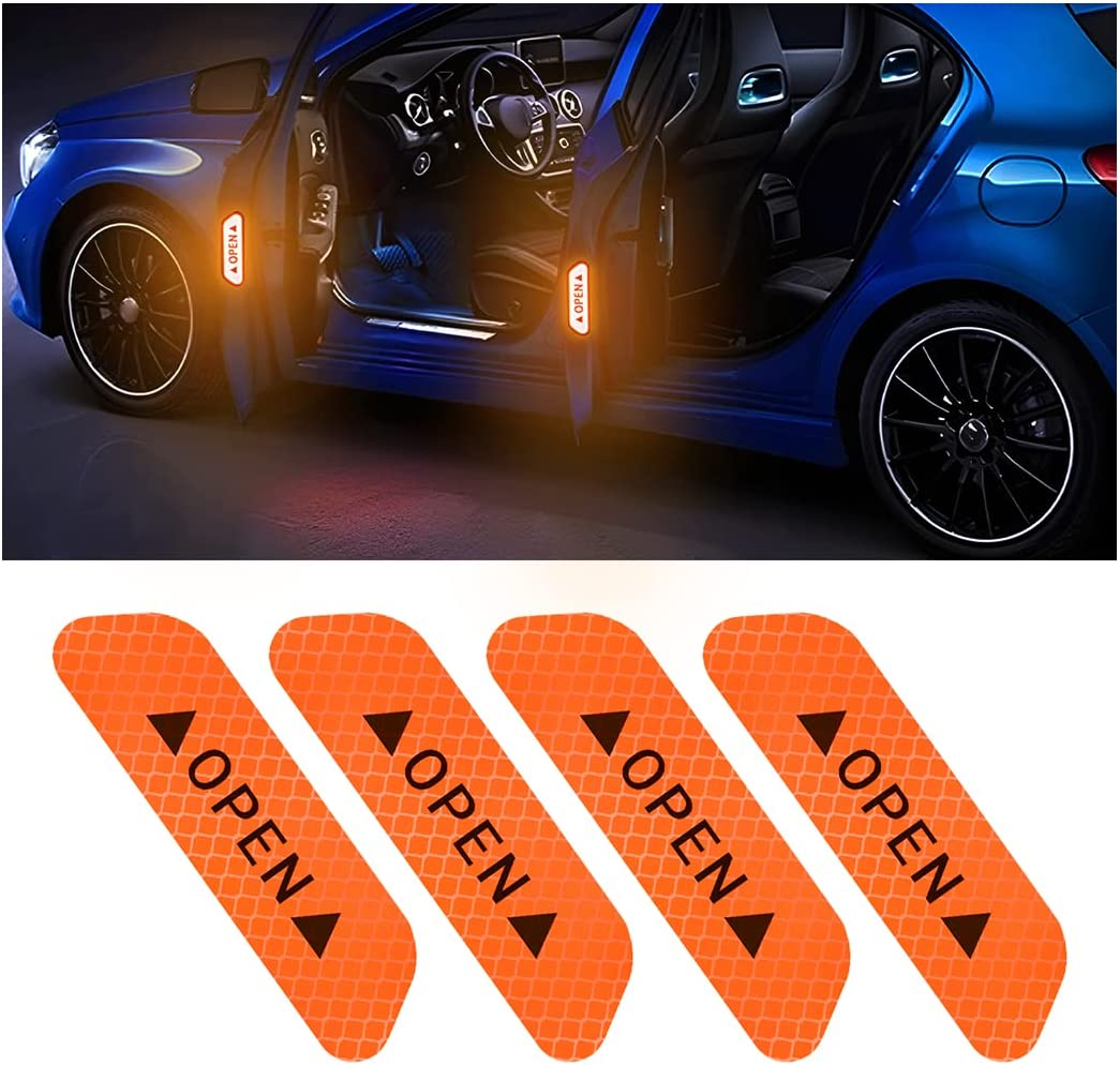 4PCS Reflective Open Warning Stickers for Car Door, Night Visibility Auto Safety Prompt Decals, 3.6 Inch Anti-Collision Protective Strip Tape, Car Accessories Universal for Truck, SUV, Van (Yellow)