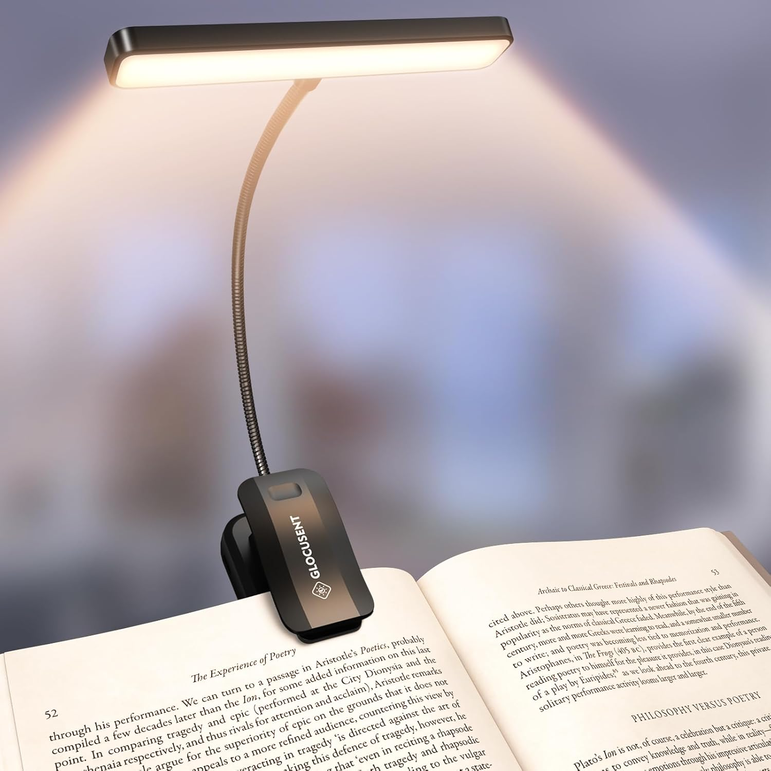 Glocusent 26 LED Rechargeable Book Light 5 Amber Colors & Stepless Dimming Brightness Book Light for Reading in Bed - Portable Clip on Book Reading Light with Longer Runtime for Book Lovers Kids