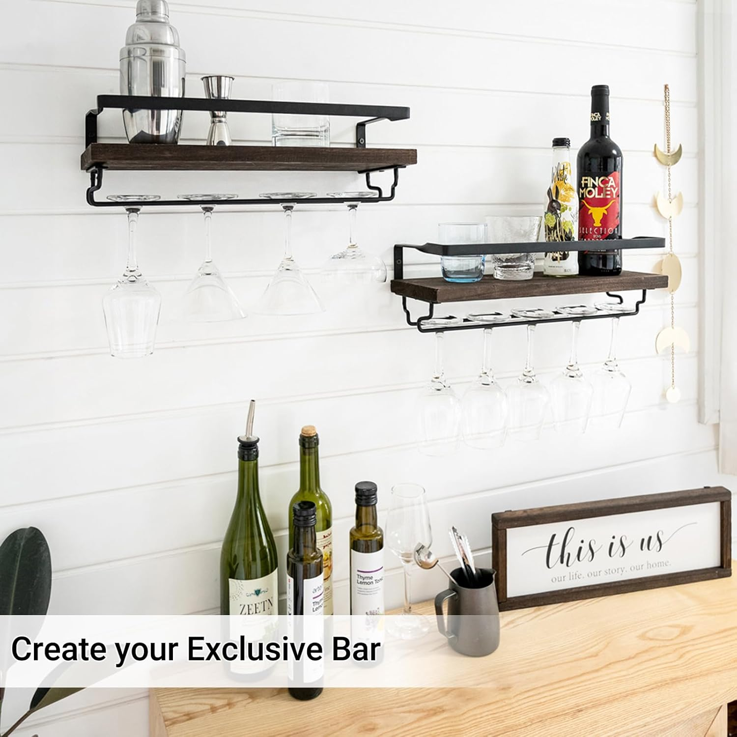 Mkono Wall Mounted Wine Rack Set of 2 Wood Rustic Wine Bottle Glass Floating Shelves with Stemware Hanger Modern Plants Photos Wine Display Storage Holder for Kitchen Dining Room Bar, 17 Inch image number 1