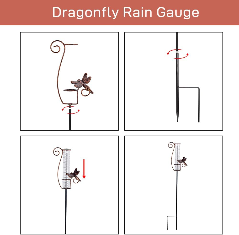 HOBYLUBY Dragonfly Rain Gauge Outdoor, 7 Inch Metal Rain Gauges for Measuring Precipitation, Patio, Garden Yard Decor image number 4