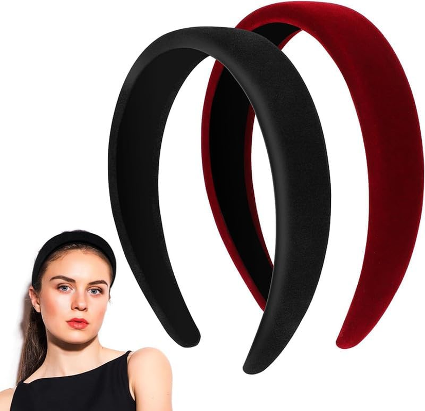 Black Red Velvet Padded Headbands,2Pcs Black Red Wide Thick Velvet Headband,Black Red Wide Velvet Headband Hair Band,Black Red Wide Padded Headbands Velvet Headbands Non-Slip Fashion Velvet Hair Band image number 6