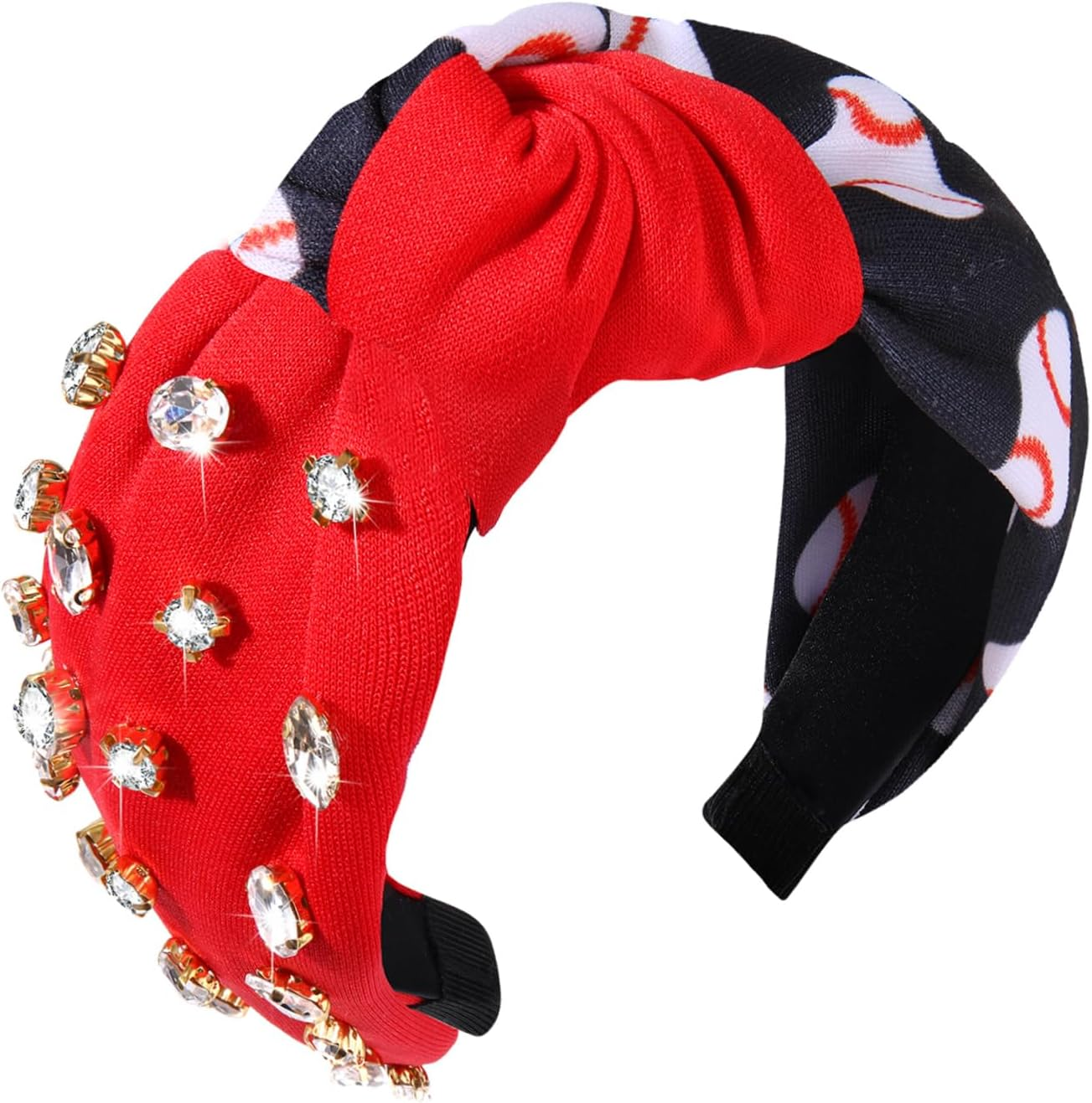 CEALXHENY Rhinestone Knotted Headbands for Women, Top Knot Baseball Headband, Embellished Jeweled Game Day Headband Sports Team Headbands Game Day Hair Accessory (Baseball-Back/Red)