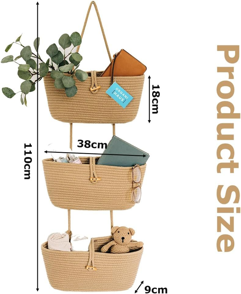 3 Tier Hanging Wall Basket with Hook/Cotton Basket,Door Hanging Basket Organizer & behind Door Wall Storage,Boho Nursery Decor for Living Room, Bathroom image number 3