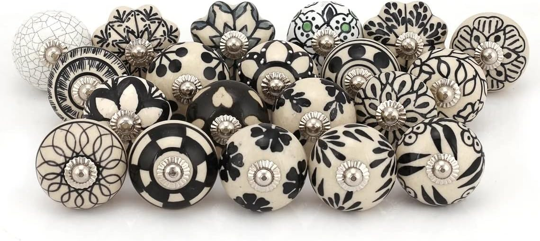 Indian Handmade Assorted Black and White Ceramic Door Knobs and Pulls | Kitchen Cabinet Knobs for Dresser Drawers | Black Drawer Pulls | Almirah Knobs | Vanity Knobs (6)