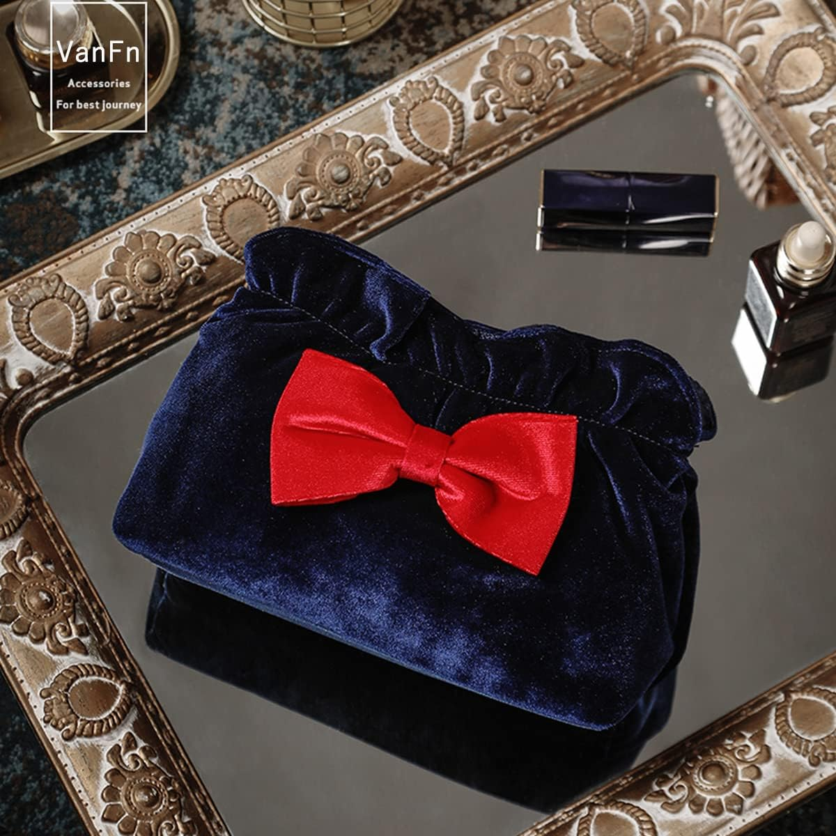 Lazy Drawstring Make up Bag Portable Travel Cosmetic Bag Makeup Pouch Storage Organiser Toiletry Bag for Women Girls Vanfn P.Travel Series (Bow-Blue Red) image number 5