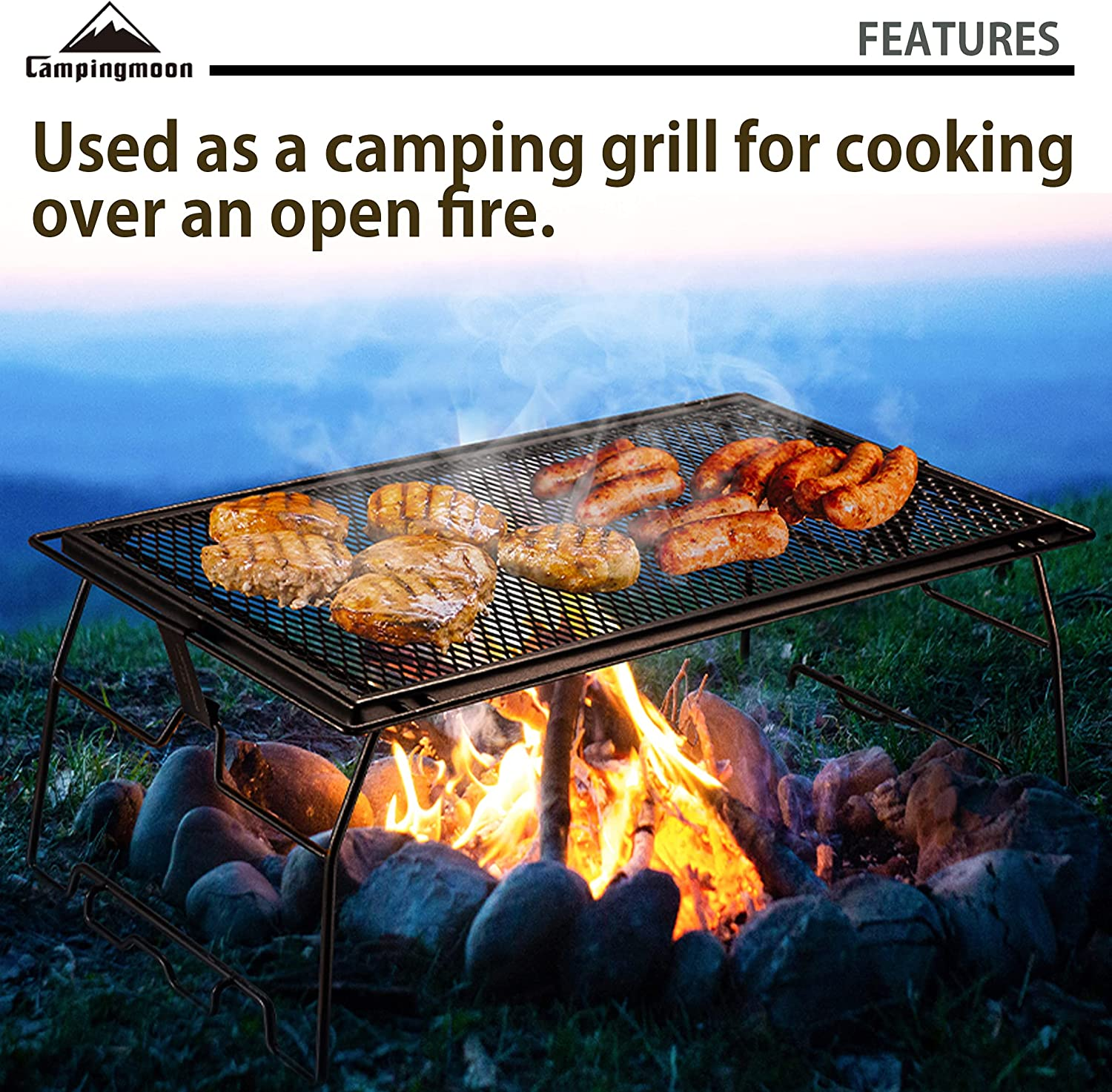 CAMPINGMOON 2Pcs Campfire Grill Storage Rack Camping Grill Steel Foldable Stackable T-238 image number 3