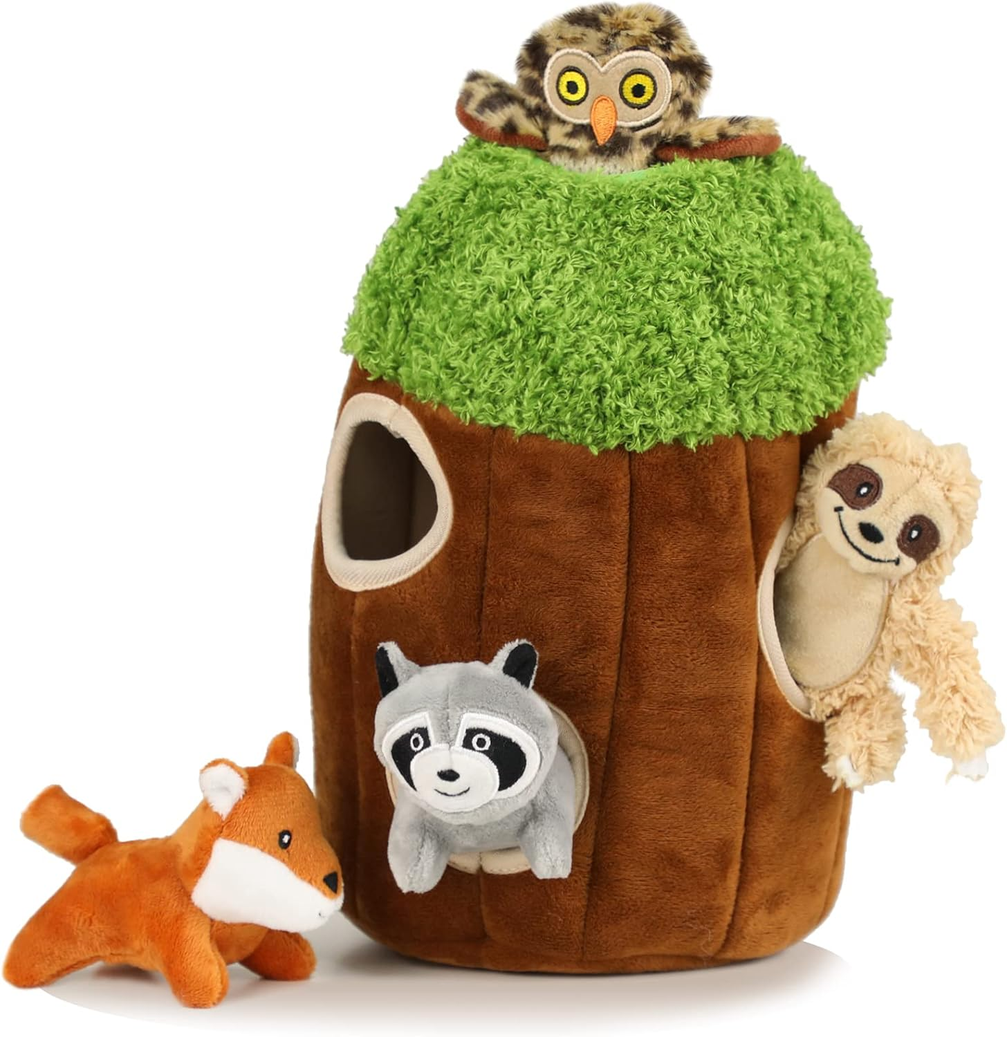 Okegztoa Hide and Seek Dog Puzzle Puppy Toys, Interactive Squeaky Plush, Stuffed Toys for Dogs, Small Size(Sheep, Panda, Forest Animals) (Tree Hole Mix Medium)