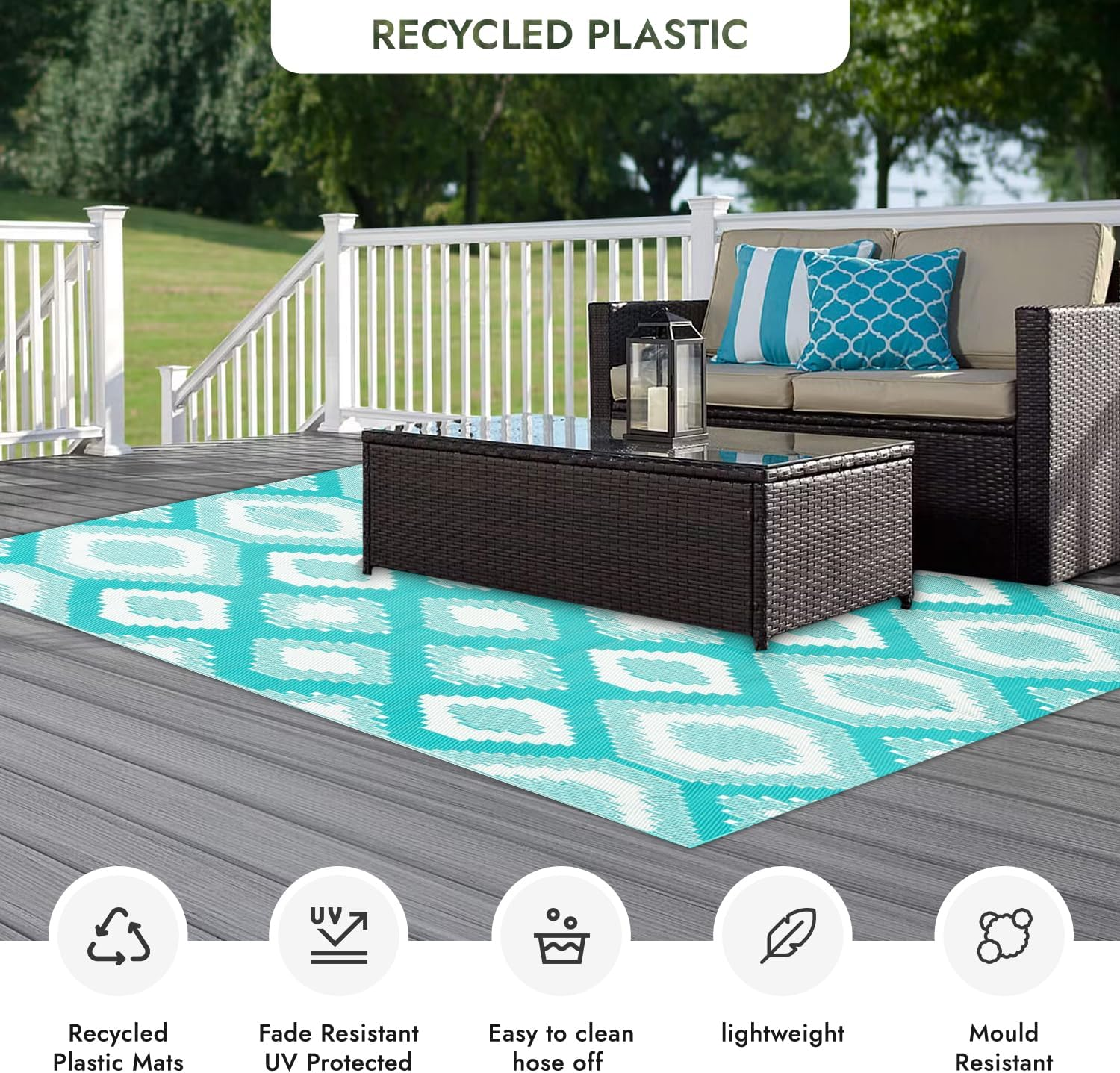 XCELERATOR Large Outdoor Rug for Patio, Reversible Portable Camping Rug, Weather Proof Plastic Straw Rug for RV Deck Camper Balcony, Positano 200 X 270 Cm Aqua and White image number 3