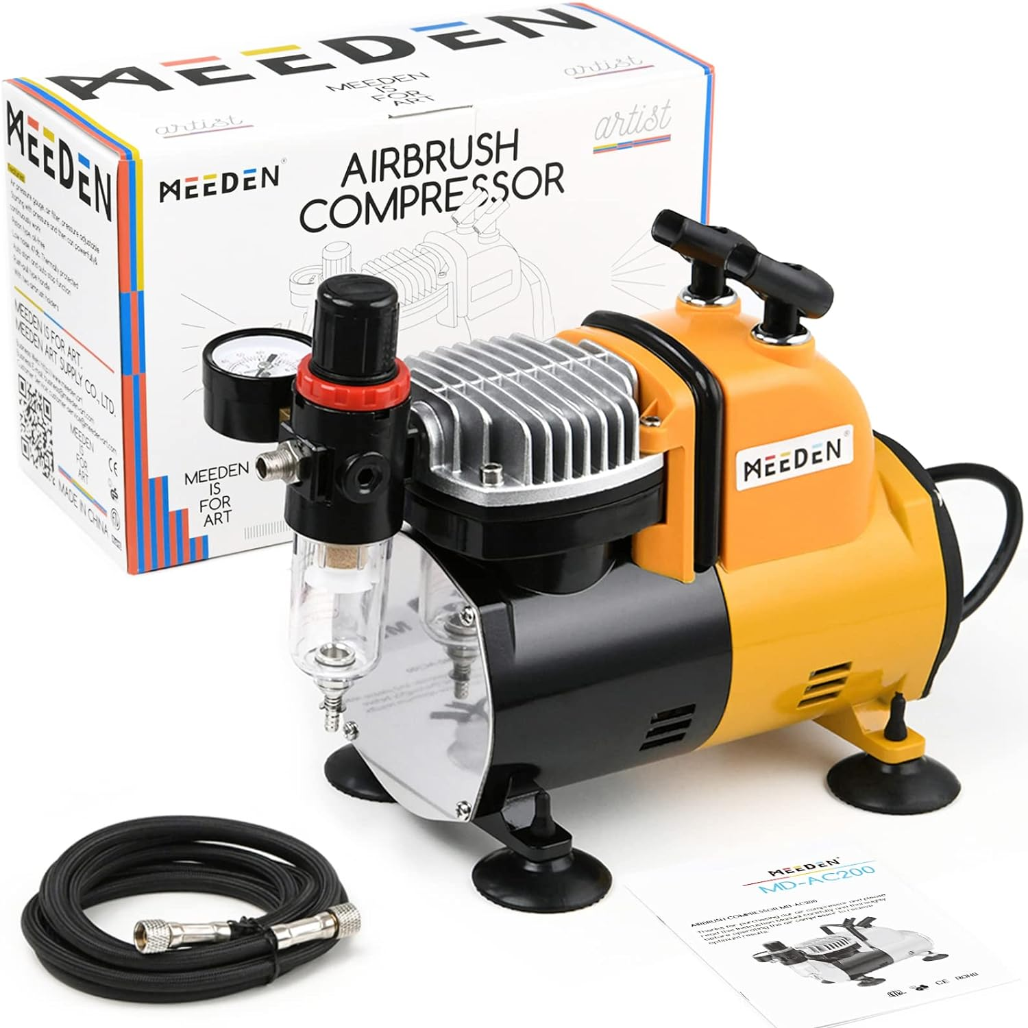 MEEDEN Airbrush Kit with Compressor and Paint - 1/5 HP Quite Air Compressor for Model Painting with 3 Dual-Action Airbrush Guns - 24 Colours X 30Ml Acrylic Spray Paint Set with Air Hose