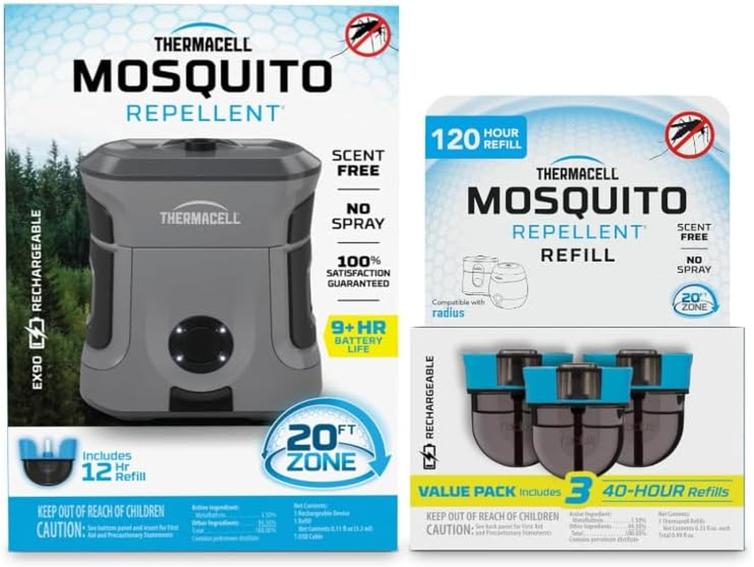 Thermacell EX90 Rechargeable Mosquito Repeller, 28M&sup2; Protection Zone, No Spray & Scent-Free, Includes 40-Hr Refill, Water Resistant, Grey, Additional 40 Hour Refill Included image number 1