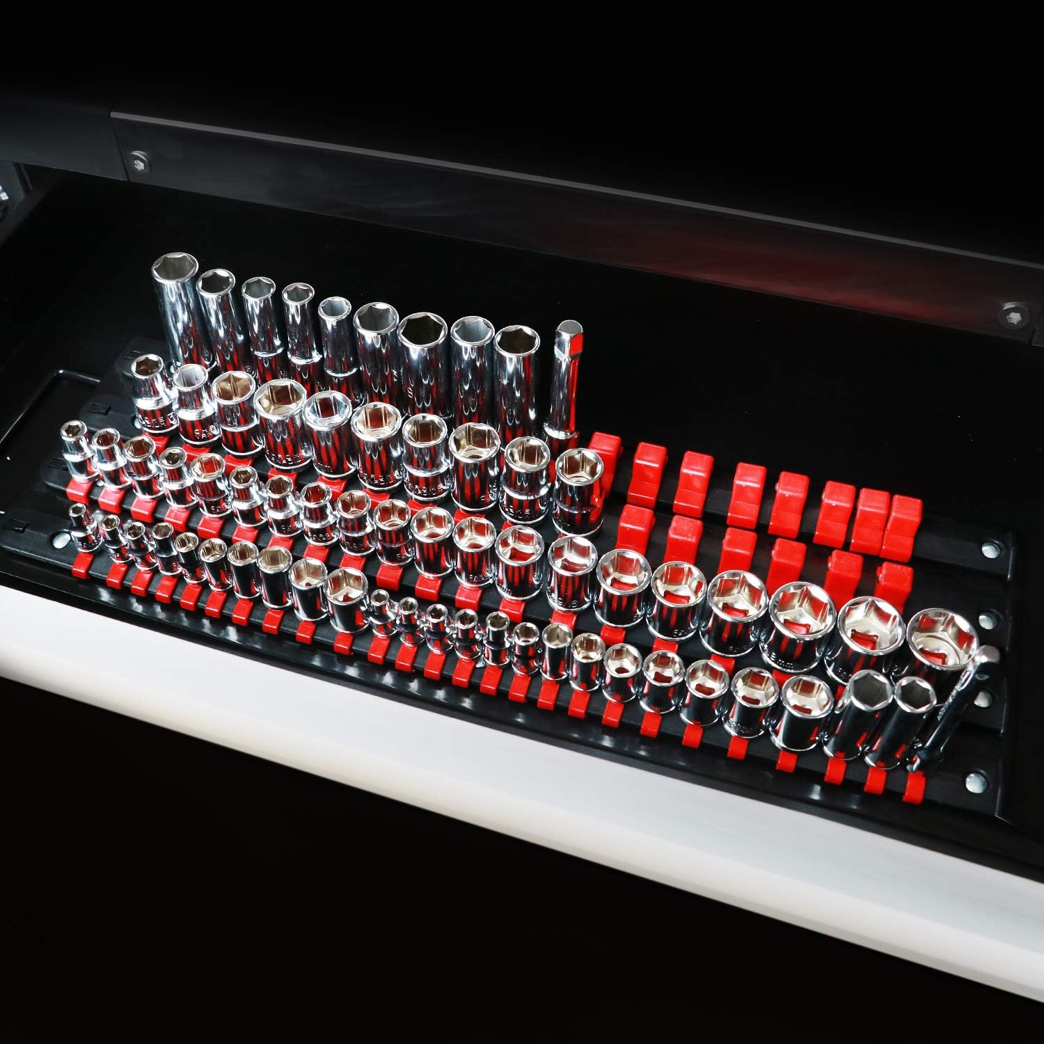 CASOMAN 80-Piece Portable Socket Organizer Tray, 1/4-Inch, 3/8-Inch, 1/2-Inch,Heavy Duty Socket Rail, Black Rails with Red Clips image number 6